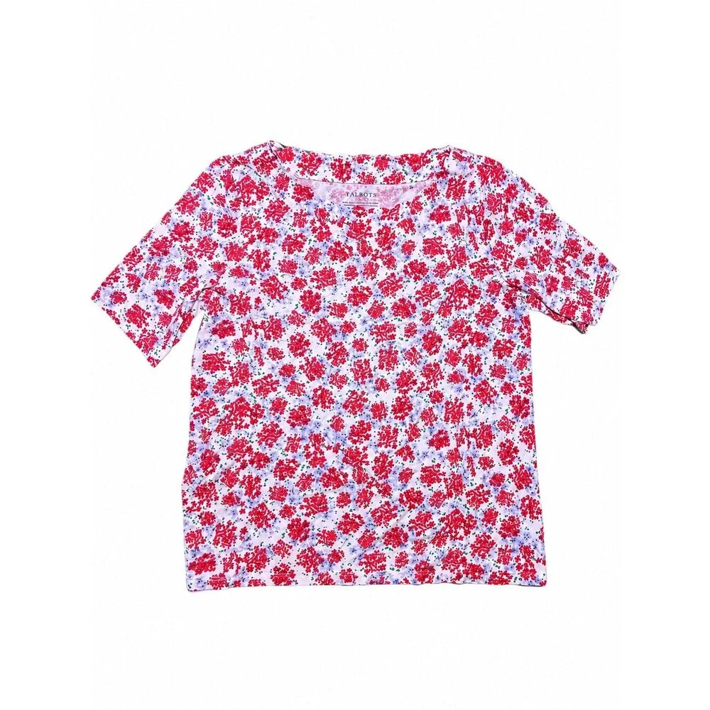 Talbots Floral Pima Cotton Top Women’s Medium Scalloped Neck Short Sleeve - Picture 1 of 2
